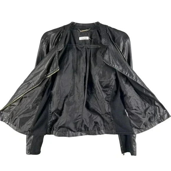 Calvin Klein Size 8 Vegan Black leather jacket gold hardware Asymmetrical Lined - Picture 4 of 16